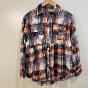 Flannel Babydoll Button Down Top Women's Size Medium Orange and Navy NWOT